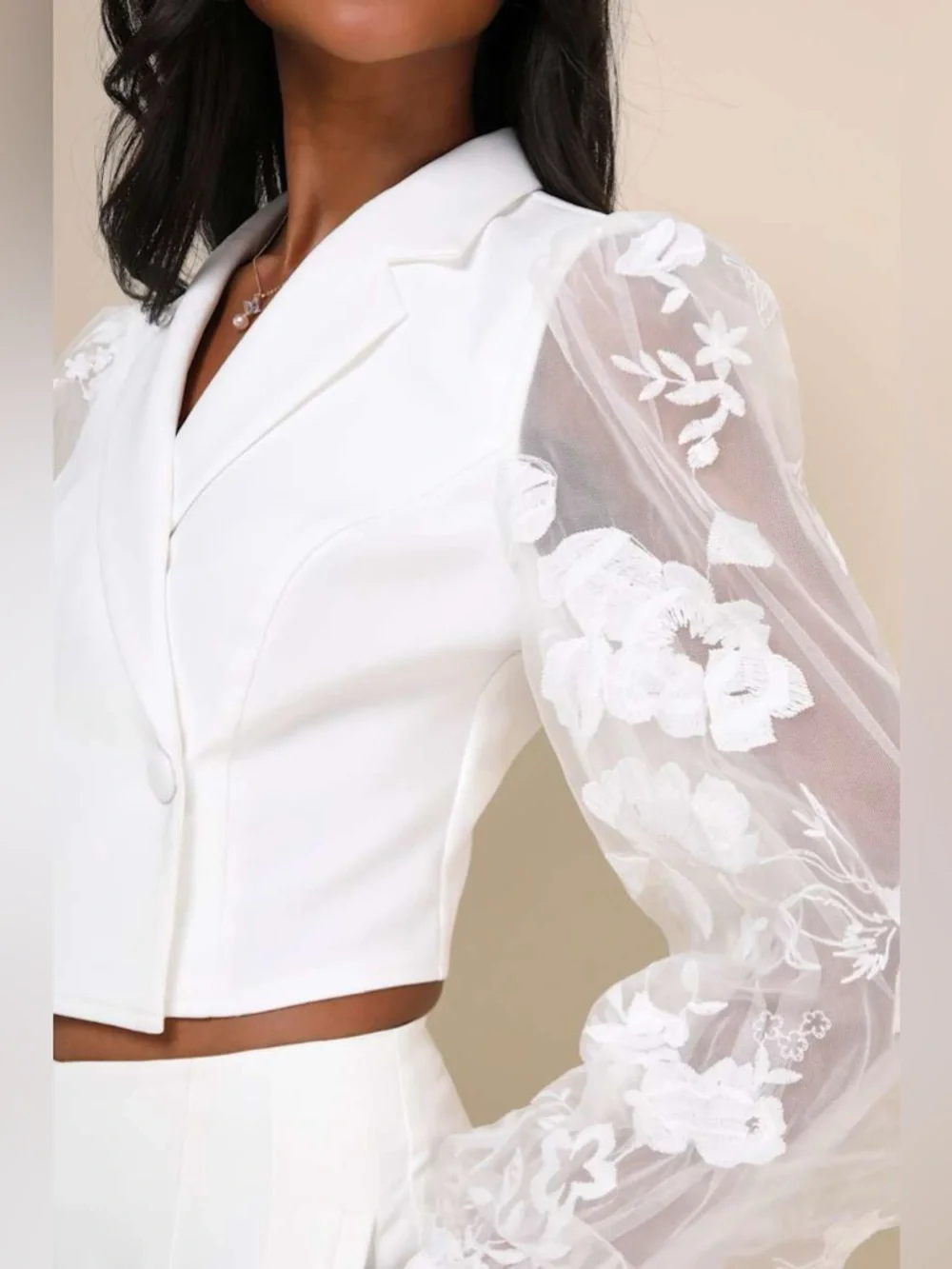Lulus Exquisitely Stylish White Cropped Sheer Balloon Sleeve Blazer - Picture 4 of 9